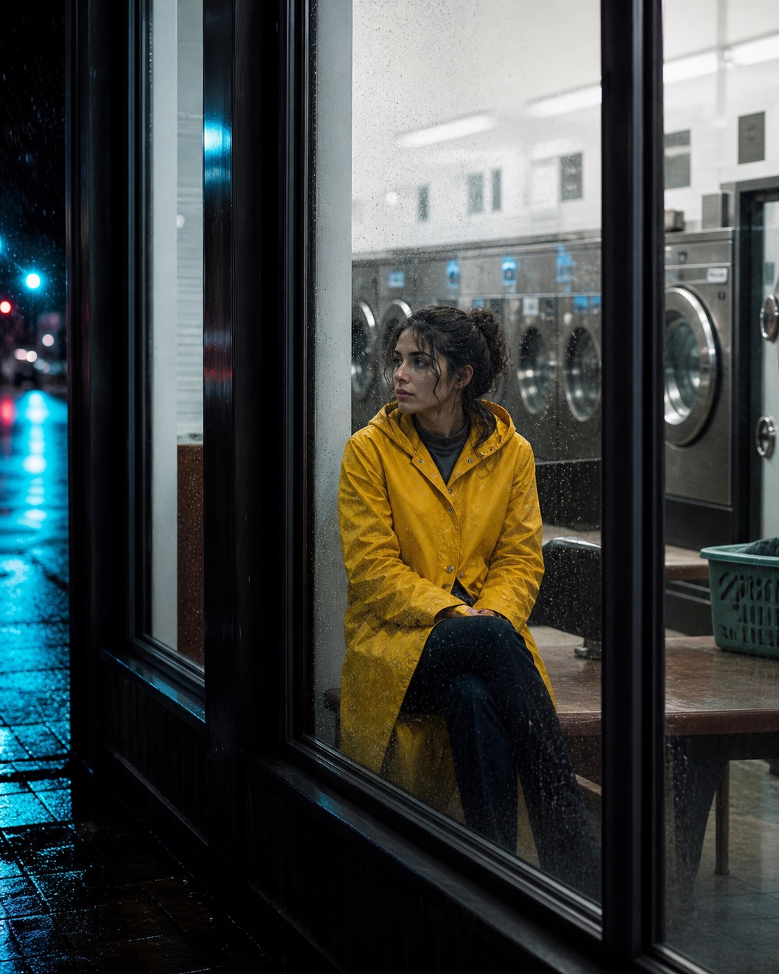 Femme en imperméable jaune dans une laverie