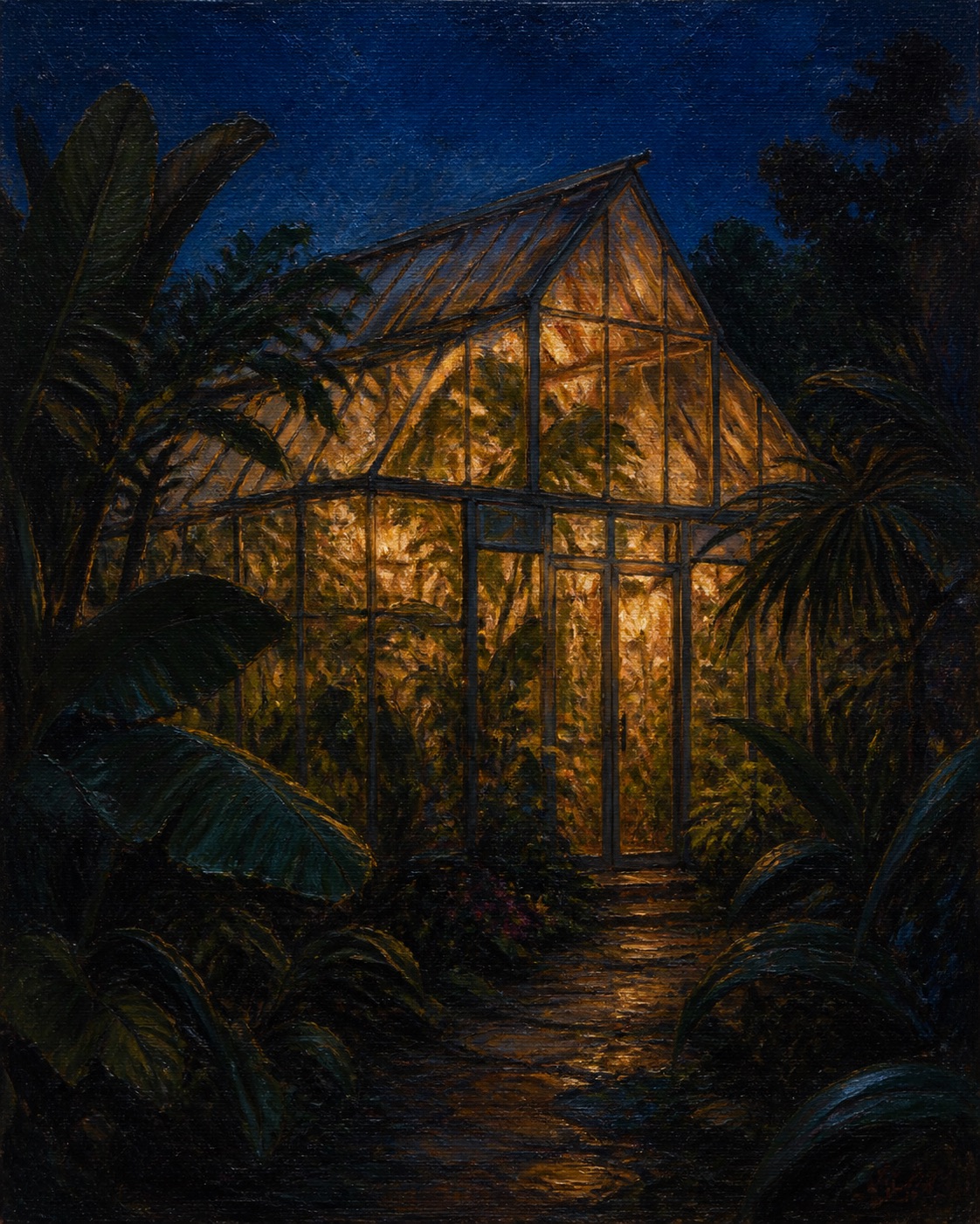 Peinture d’une serre illuminée de nuit