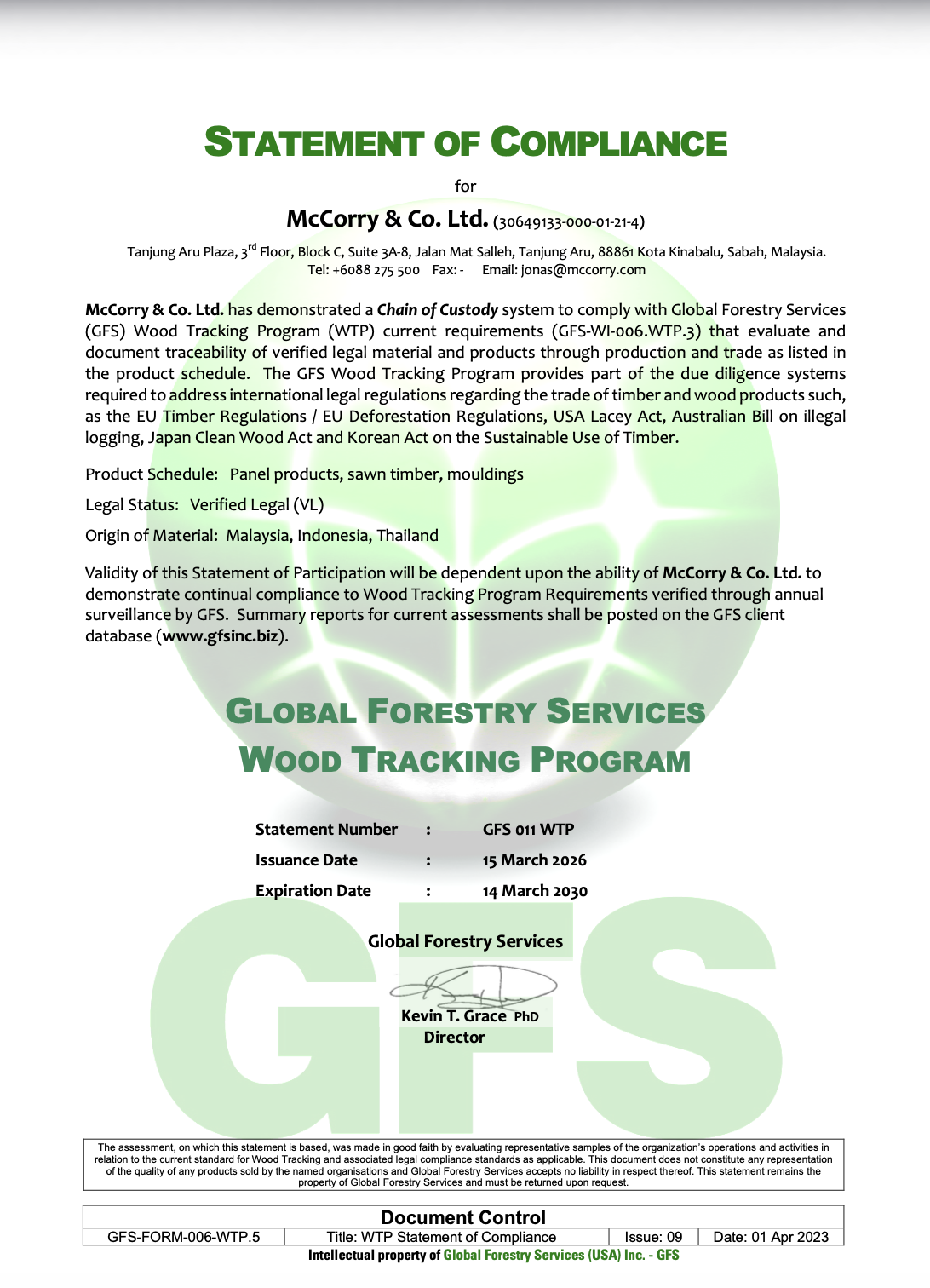 GFS certificate titled 'Statement of Compliance' under the Wood Tracking Program, issued by Global Forestry Services.