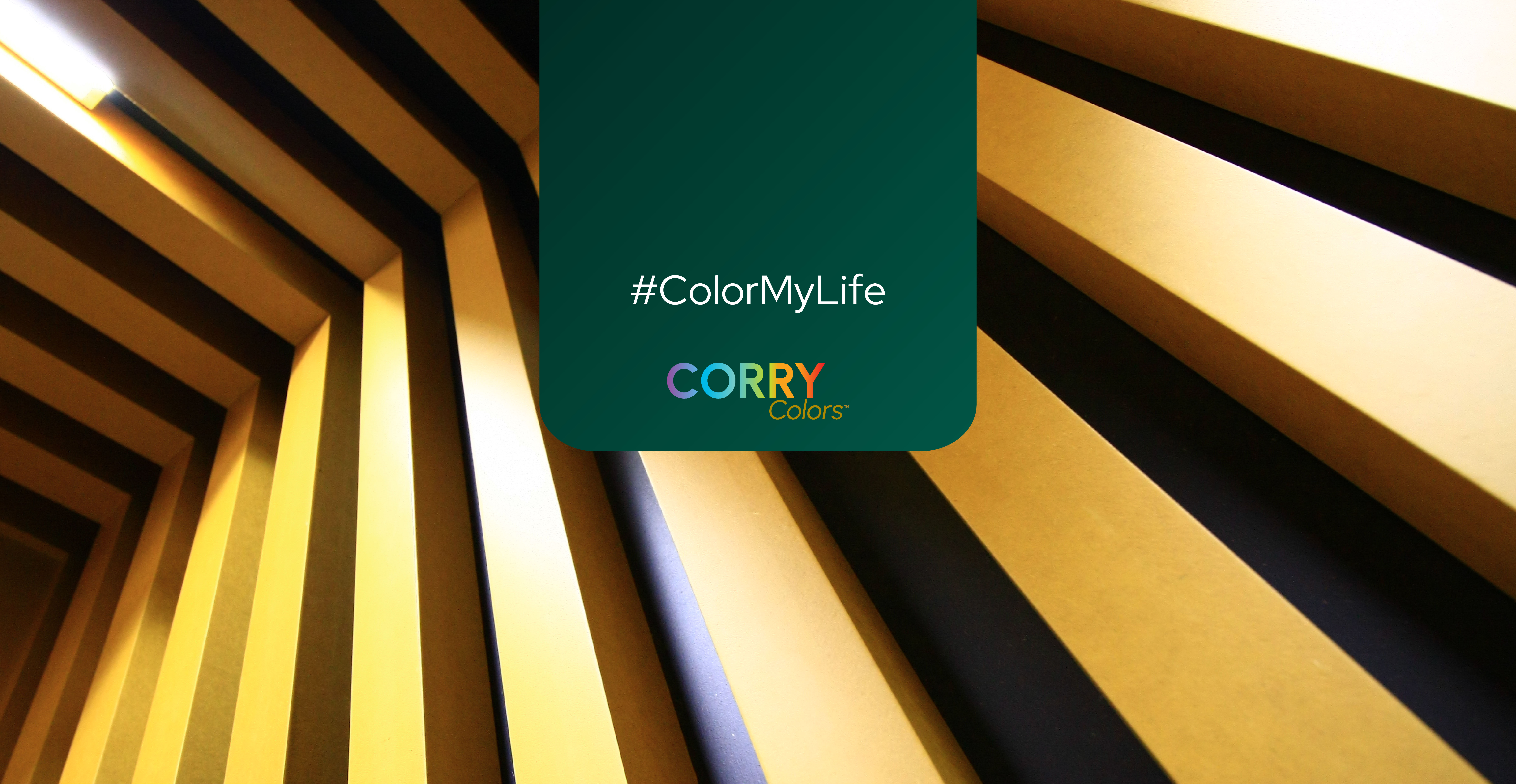 Fan of colored sheet samples next to the Corry Colors logo, with the slogan #ColorMyLife and a button that says 'Request a Quote'.