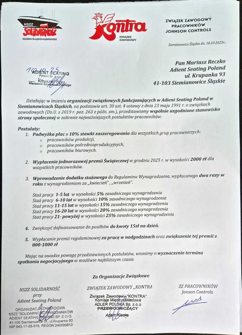 Adient Siemianowice - wspólne stanowisko Związków Zawodowych