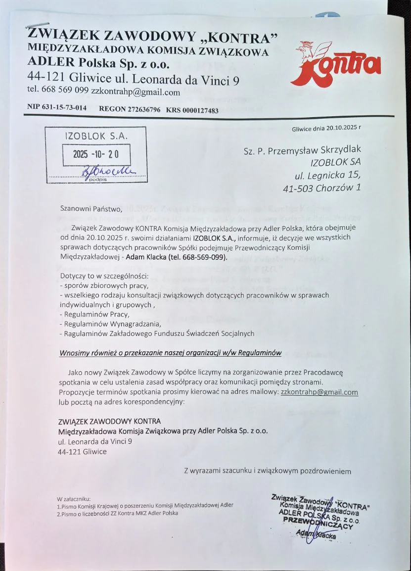 Kontra w IZOBLOK Chorzów - nowa Komisja Zakładowa 