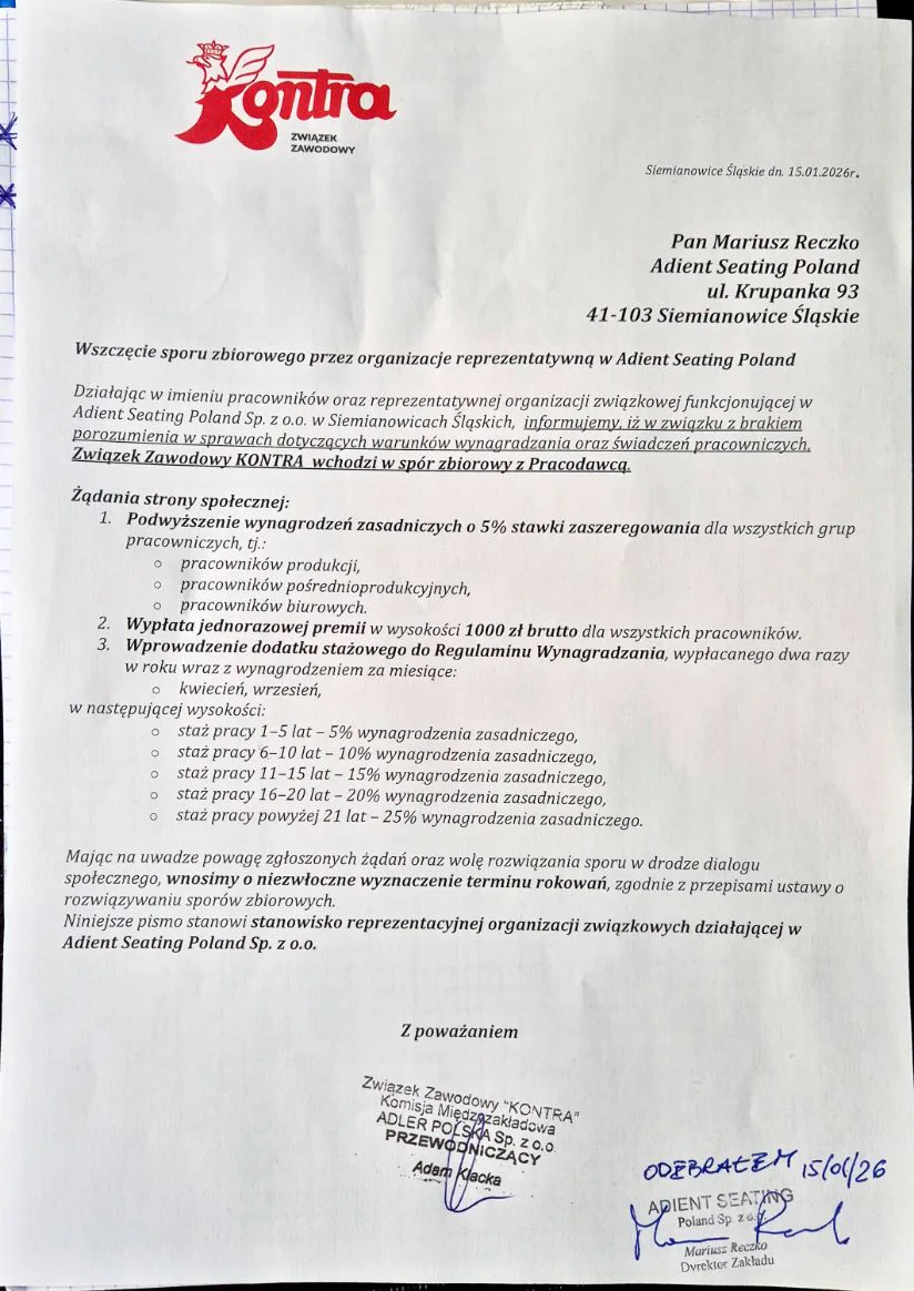 Spór zbiorowy w Adient Siemianowice Śląskie