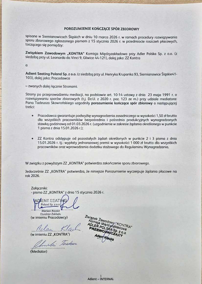 Przełom po mediacjach! Pracownicy Adient z wyższymi stawkami