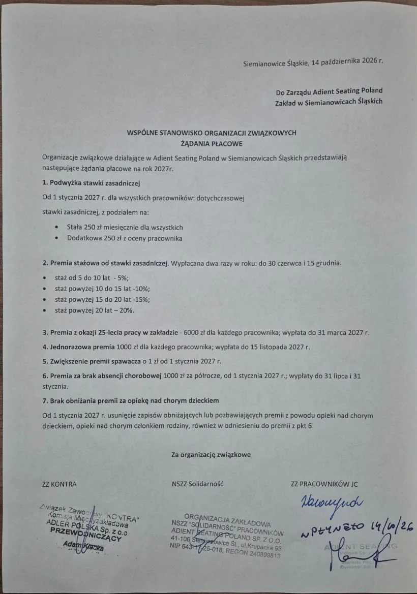 Wspólnie Postulaty Placowe w Adient Seating Poland