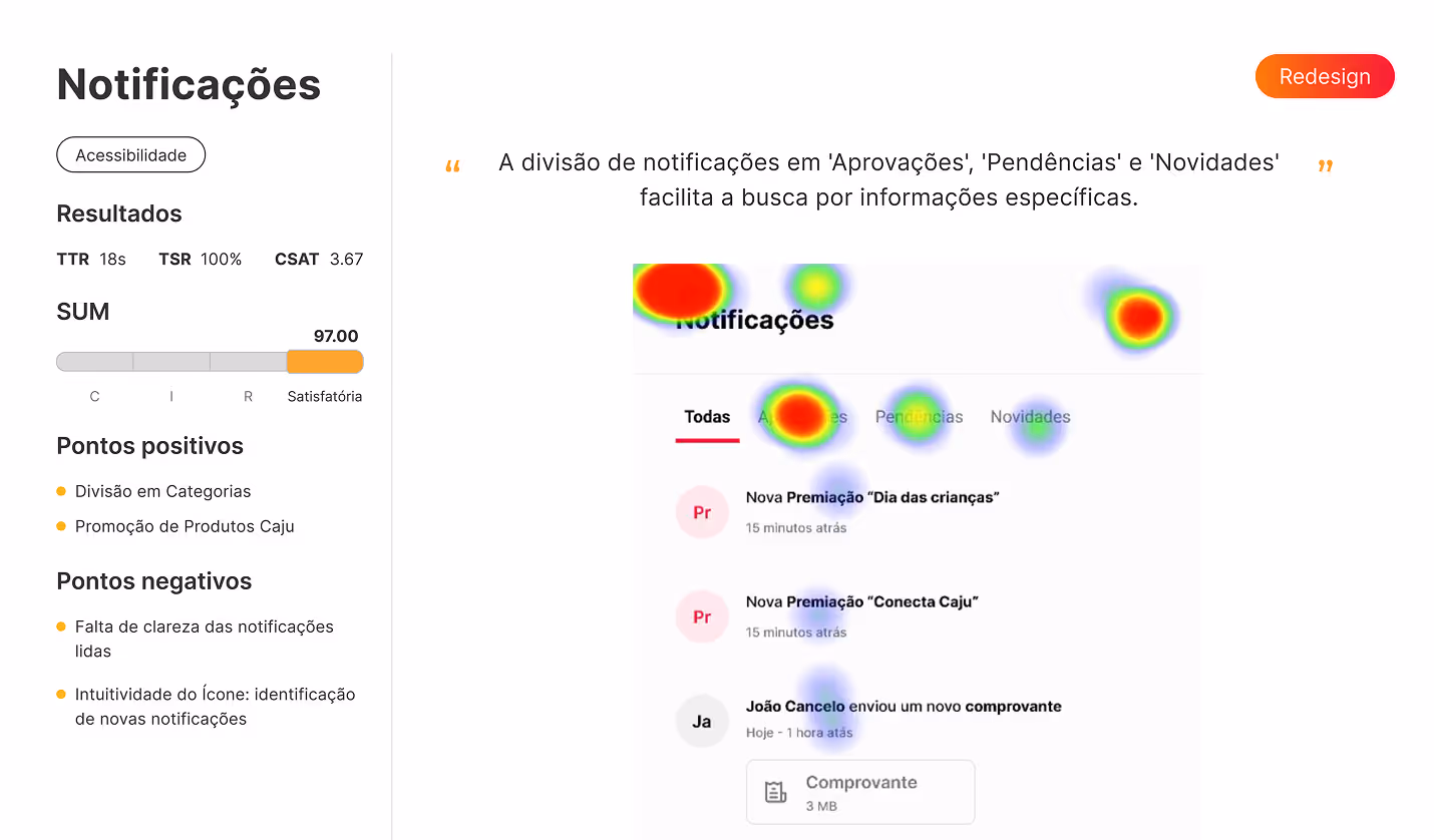 Resultados do teste na tela de Notificações da plataforma B2B, com feedback de participante