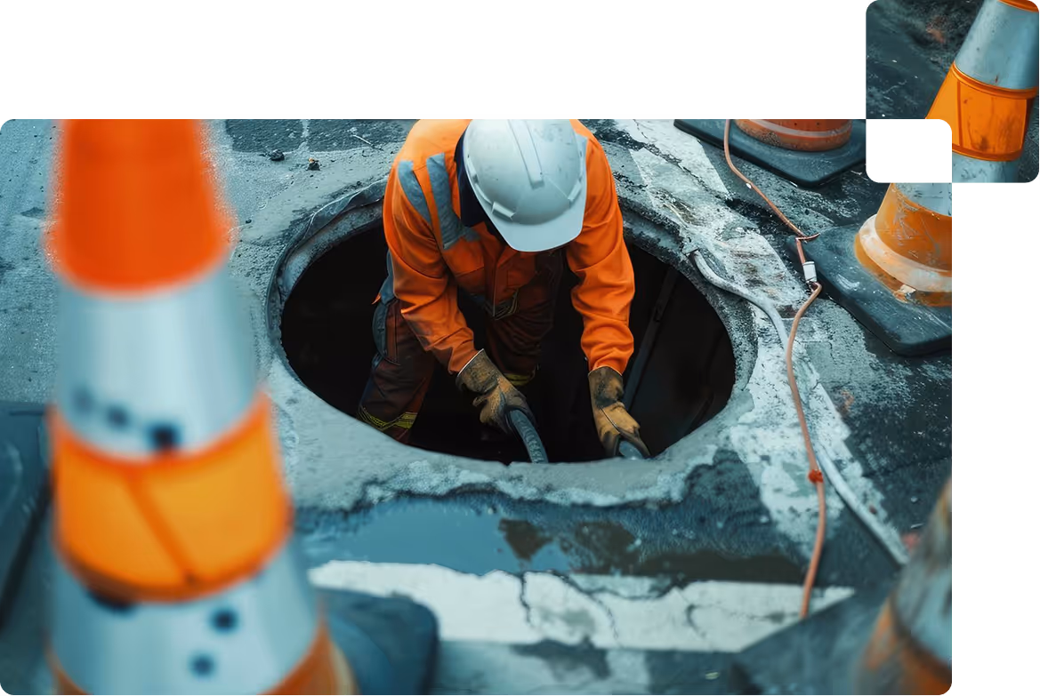 Trabalhador da construção civil com equipamento de trabalho laranja trabalhando em um bueiro