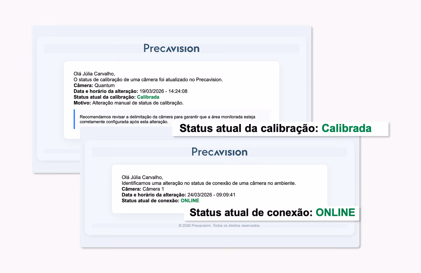 Notificações sobre o status de câmeras