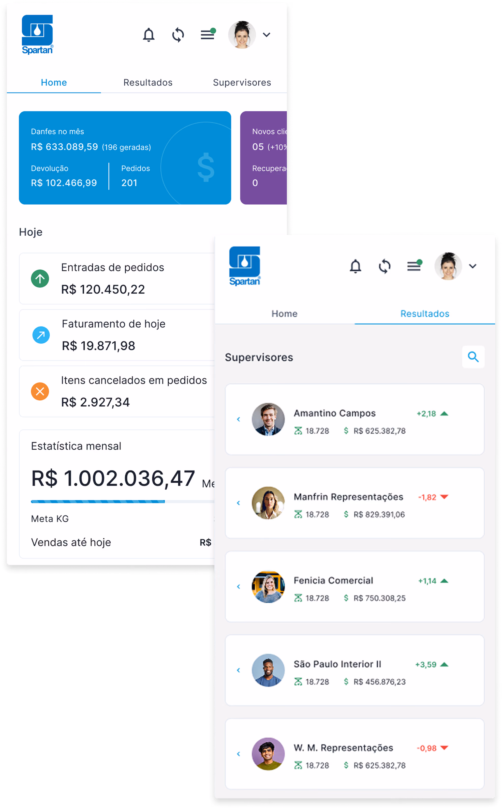 Versões mobiles da tela inicial do sistema comercial da Spartan Brasil