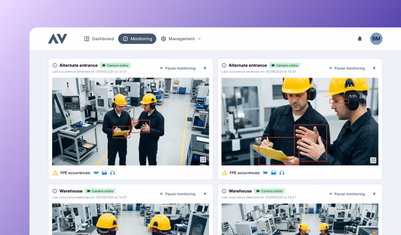Precavision monitoring screen - Venturus PPE detection software