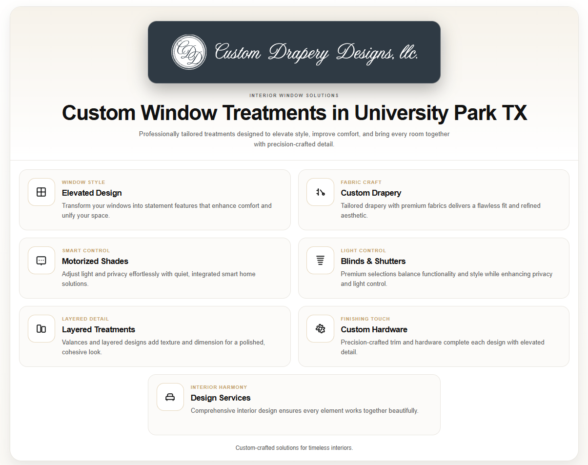 Custom Drapery Designs, LLC. provides custom University Park, TX window treatments