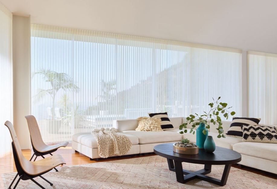 Modern living room with vertical blinds over large windows in Lakewood, TX