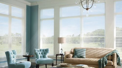 Sunlit living room with modern window blinds in Lakewood, TX