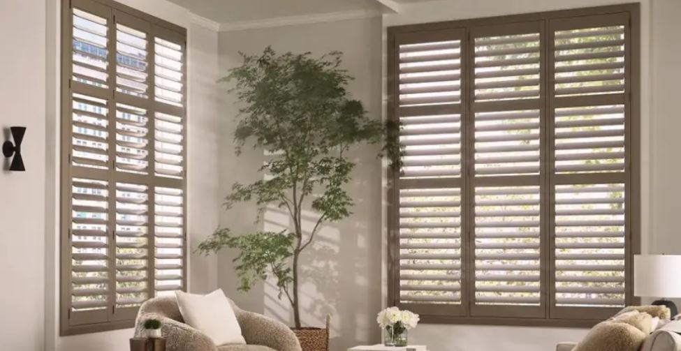 Custom window shutters in a modern Lakewood, TX living room