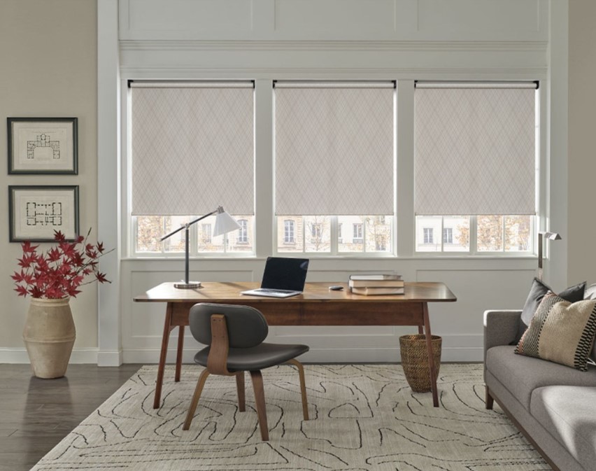 Home office with patterned roller shades, in Highland Park, TX