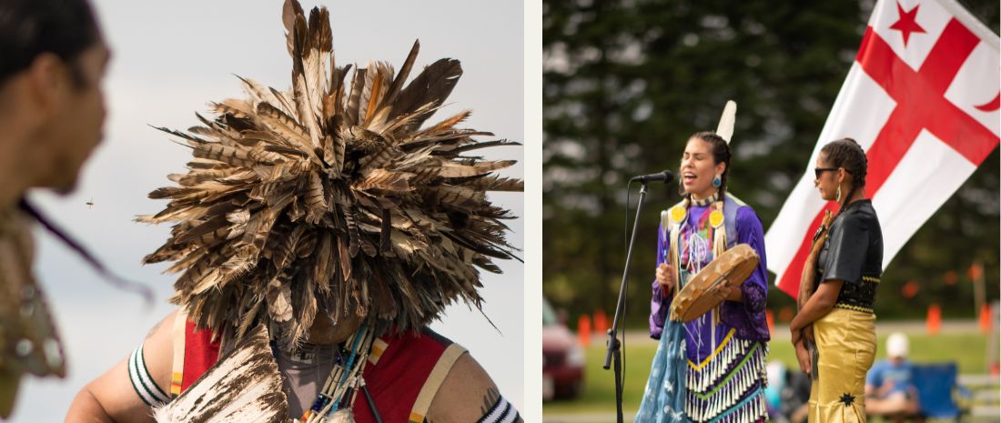 Native American singers and drummers present at the powwow in caribou as part of the new england mawiomi circut