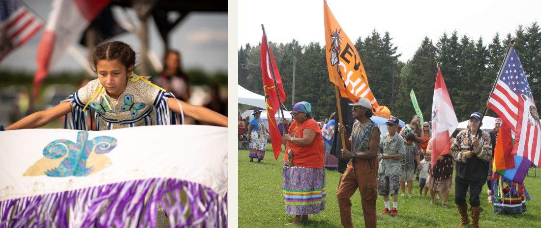 A young Blanket Dancer presents at the Micmac Mi'kmaq mawiomi of tribes in caribou under the aroostook sky