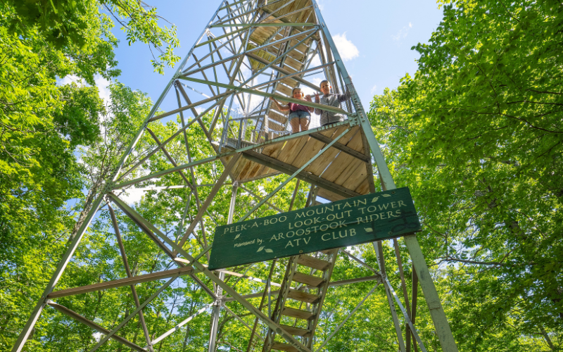 two young kids standing on a fire tower in weston maine as they are at the 2nd most popular atv destination in maine peekaboo mountain.