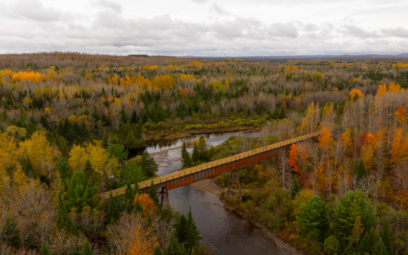 the bangor and aroostook trestle bridge in monticello is one of maine and aroostook county's favorite places to ride atvs. the meduxnekeag river below is sandy and great swimming in the fall. 