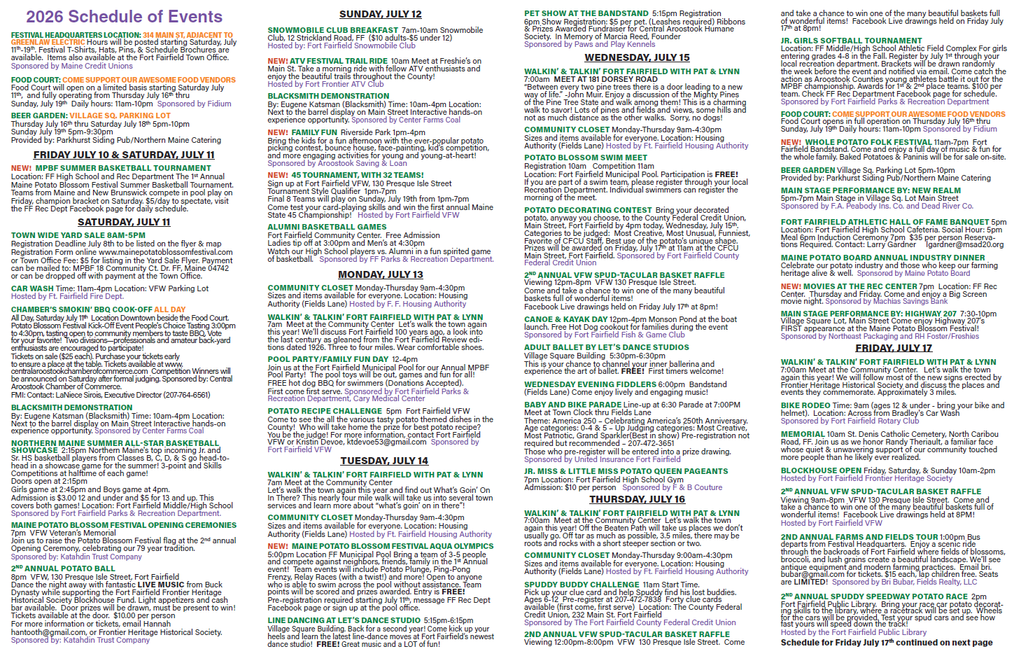 2026 Potato Blossom Festival Schedule of Events in Fort Fairfield, Maine