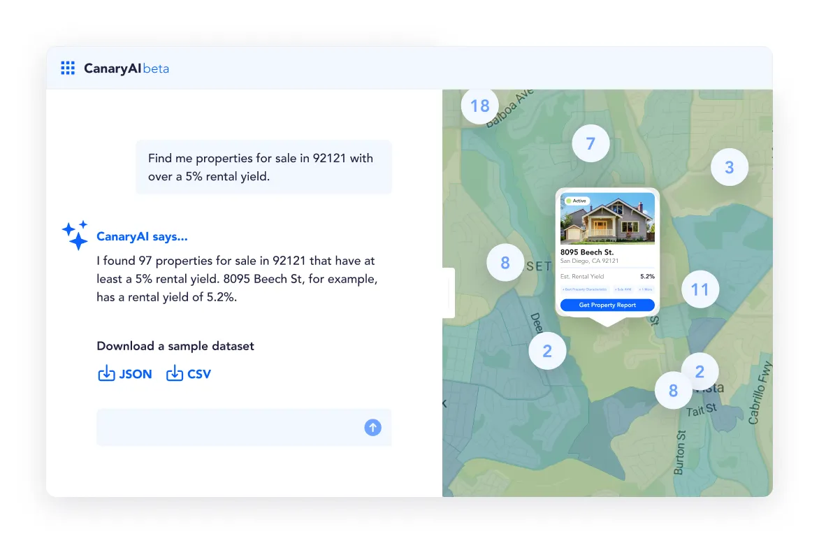 Image of the CanaryAI product in desktop format on a dark blue background, with the CanaryAI Beta logo above the image.
