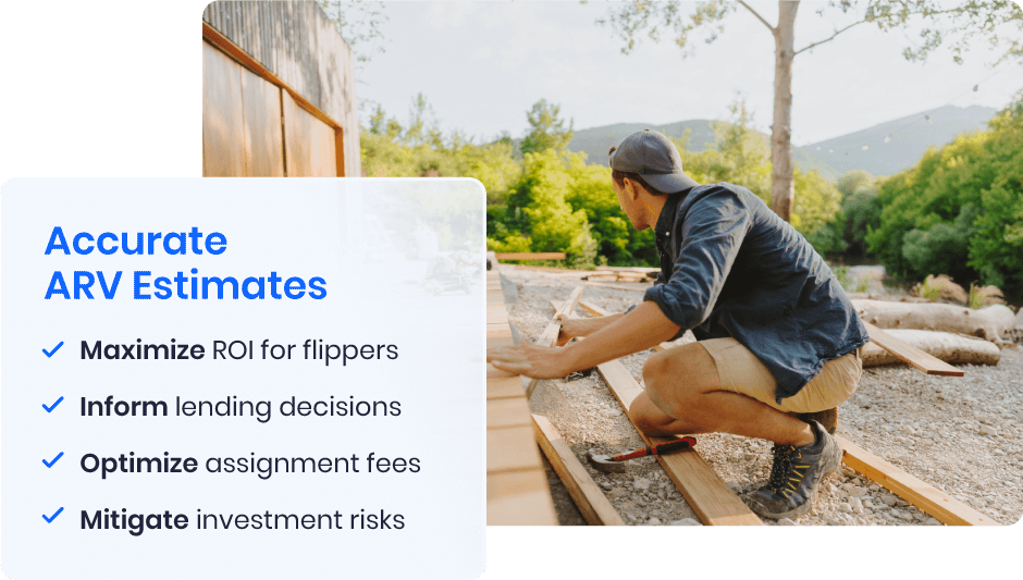 A list of the benefits of accurate ARV estimates overlaid on a home builder image