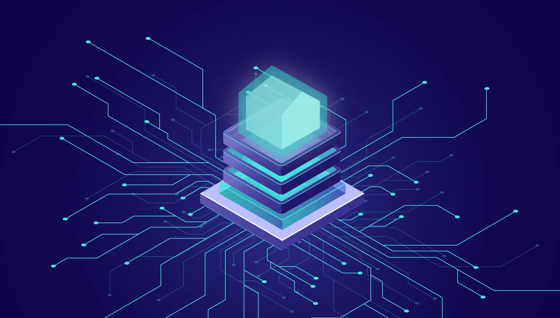 Vector image of a glowing house hovering on top of several glowing platform layers. In the background, data lines sprout out from the house and platform in all directions.