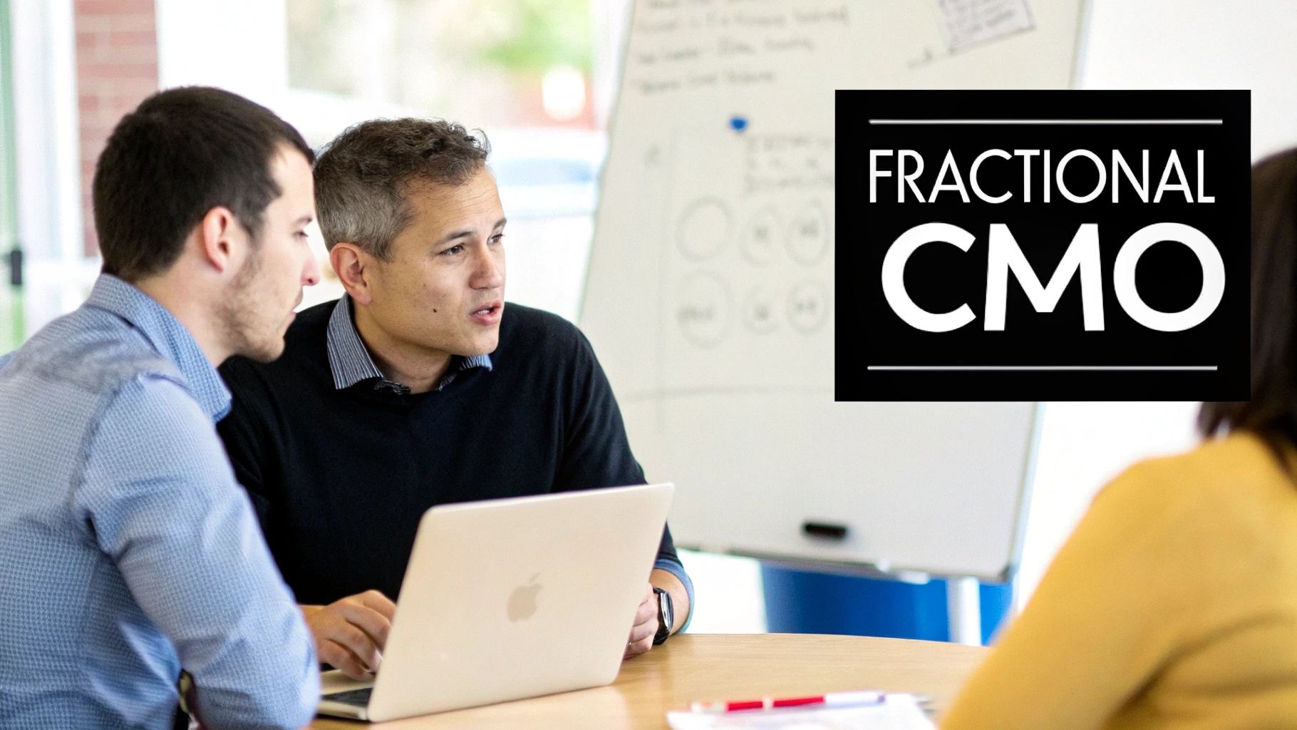 A fractional CMO discussing strategy with a startup team.