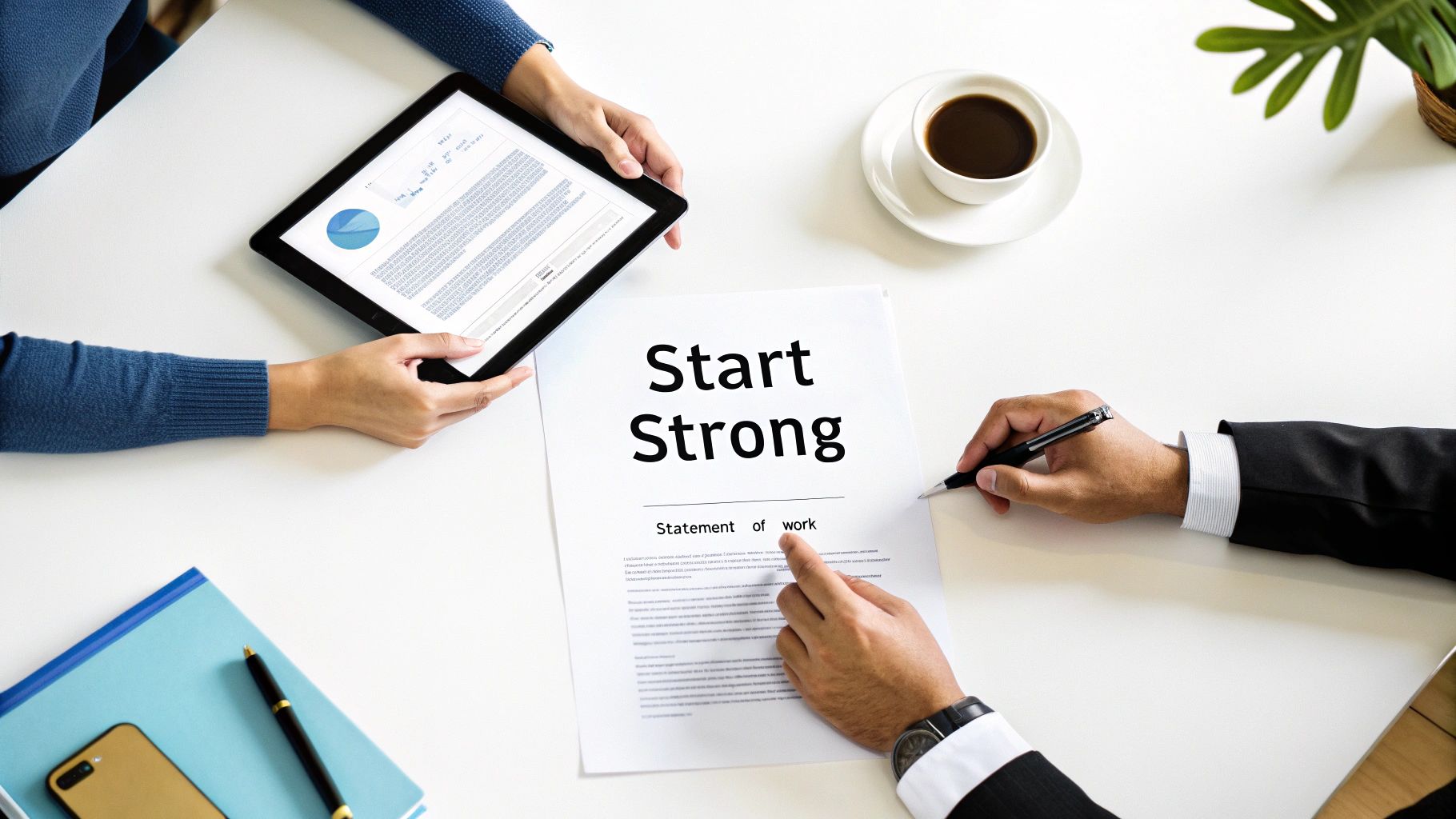 Two professionals shaking hands across a table, finalizing a partnership deal.