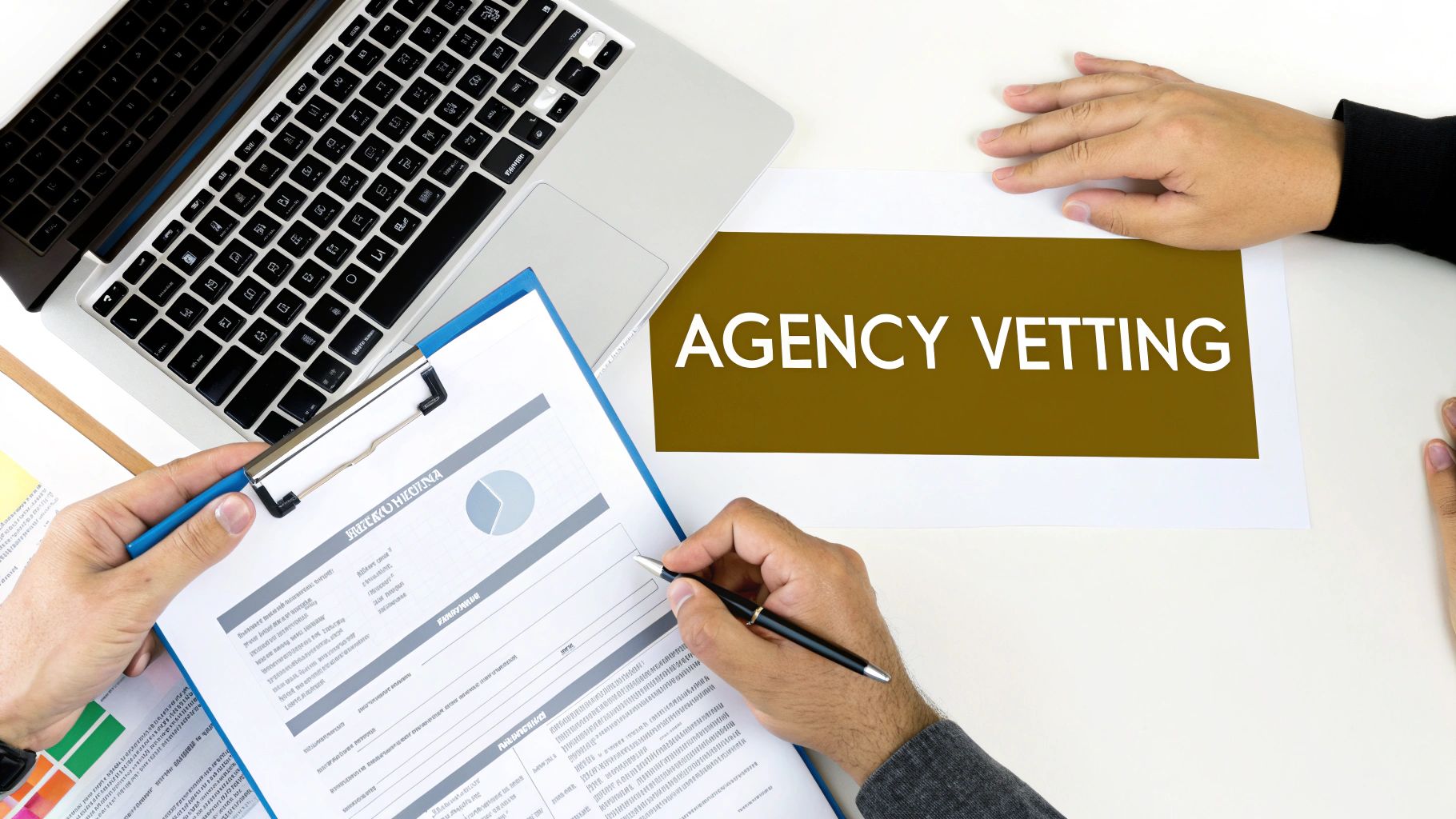 A team of marketing professionals collaborating around a desk, vetting potential partners.