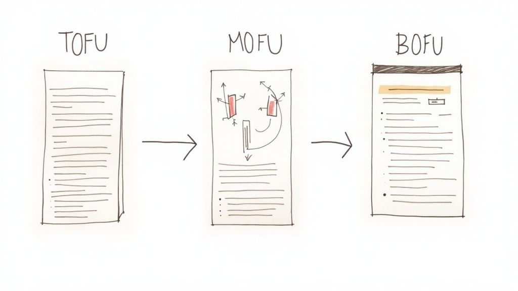 Various digital marketing assets like landing pages and emails being arranged into a funnel shape