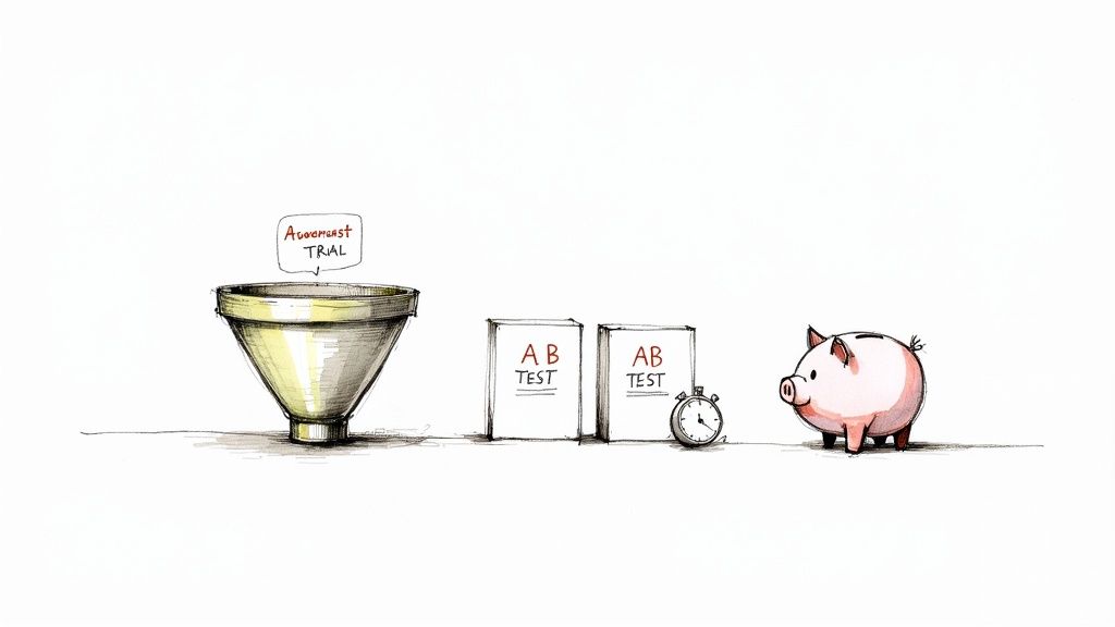 A person at a computer, analyzing charts and data for marketing experiments.