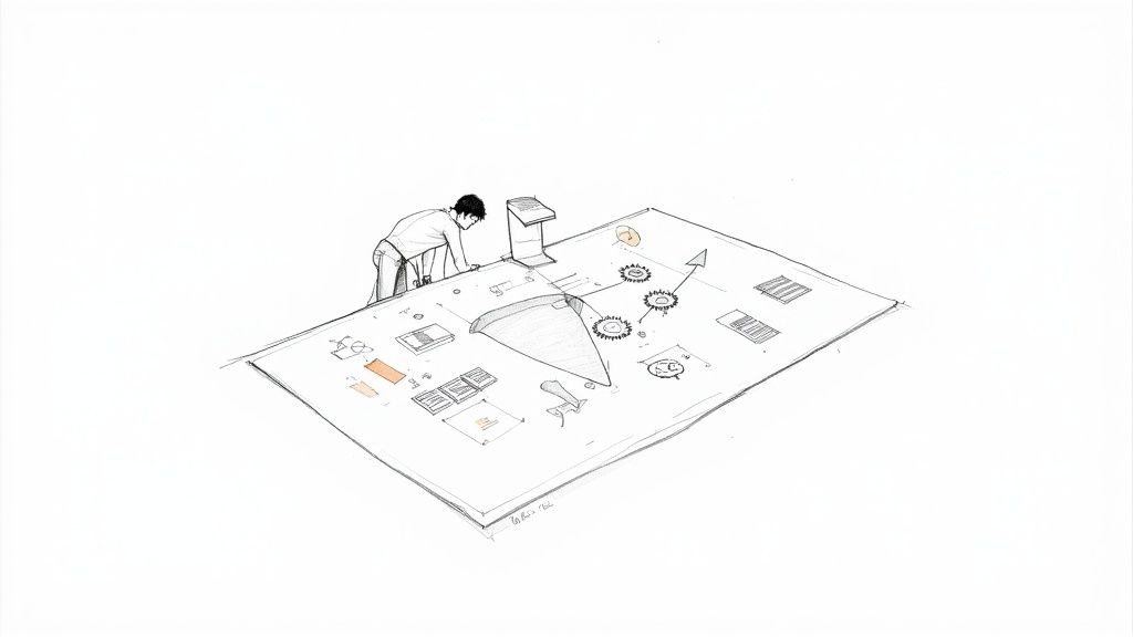 A marketing automation strategist working at a desk with data visualizations in the background, representing strategic planning.