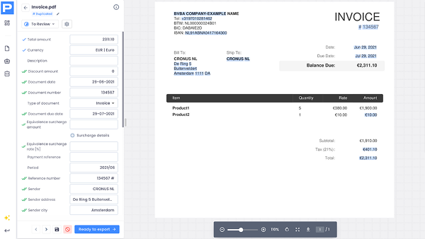 invoice example in Procys dashboard