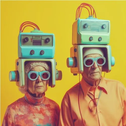 Abstract playful image of an old couple wearing retro tech helmets and wearing goggles