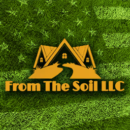 Logo with two brown house roofs above two hands forming a soil shape with text From The Soil LLC below.
