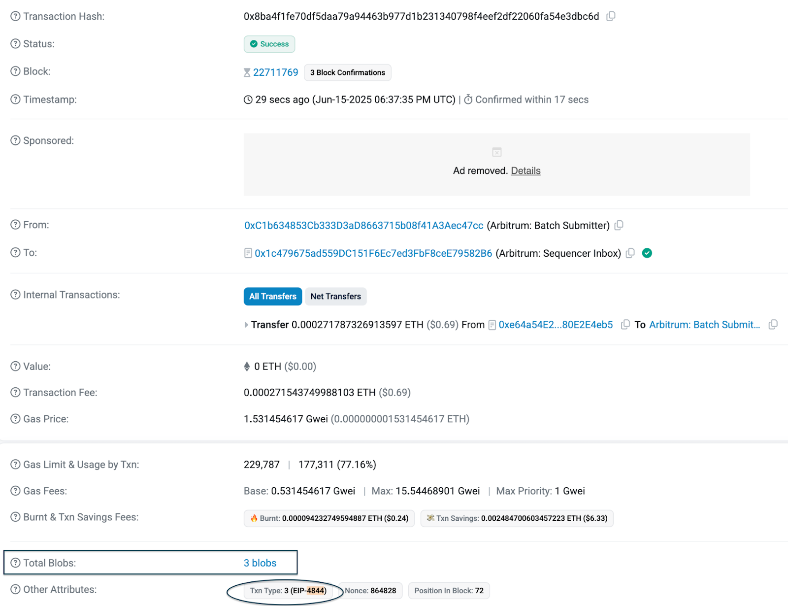 Etherscan screenshot of a live EIP-4844 transaction showing blob count, gas fees, and type-3 blob transaction metadata.