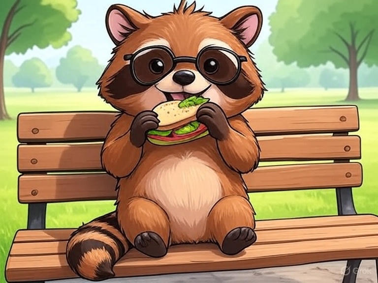 Stylized illustration of a cute red panda eating a sandwich while sitting on a bench in a park.