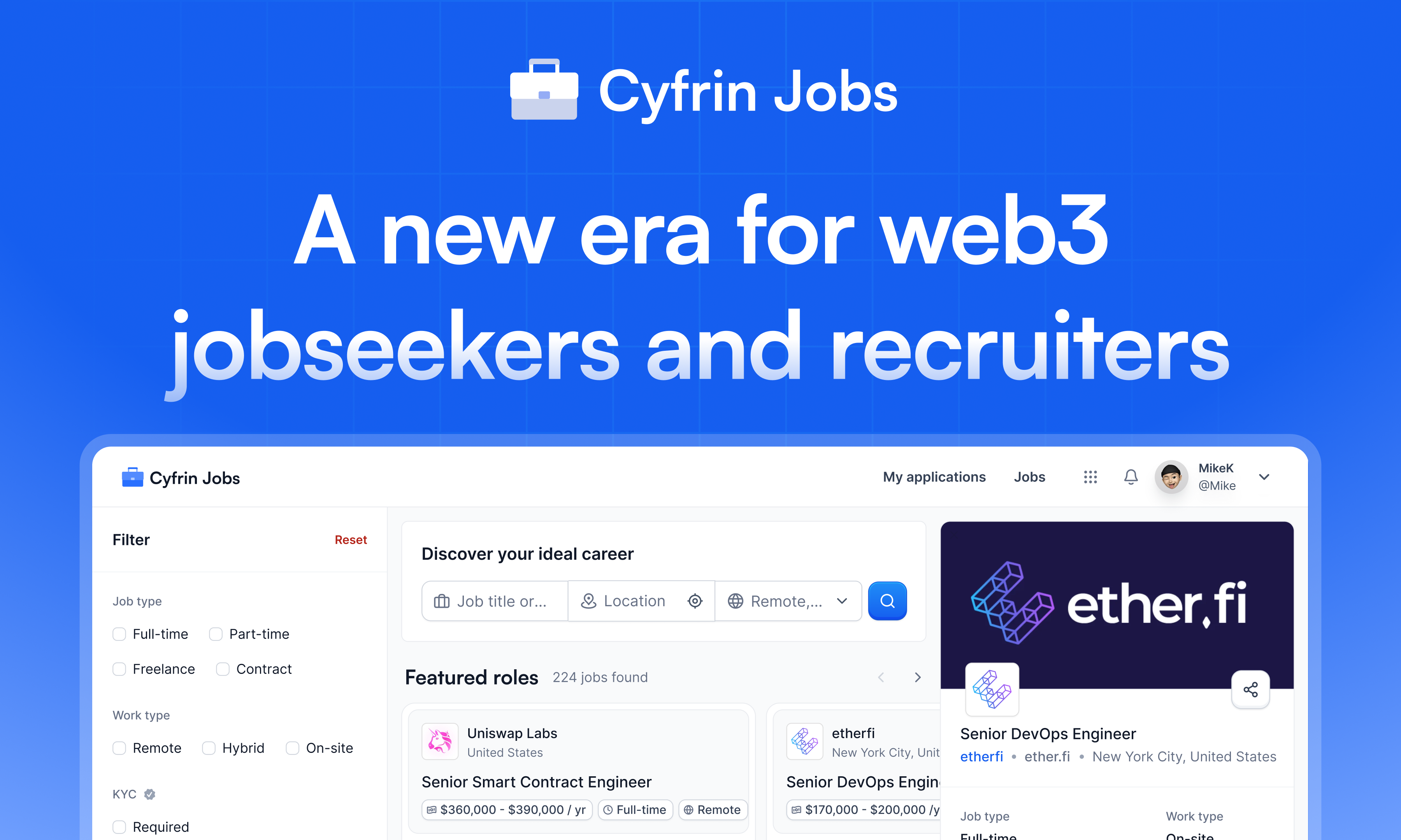 Promotional image for Cyfrin Jobs highlighting the platform's interface and including the headline "A new era for web3 jobseekers and recruiters"