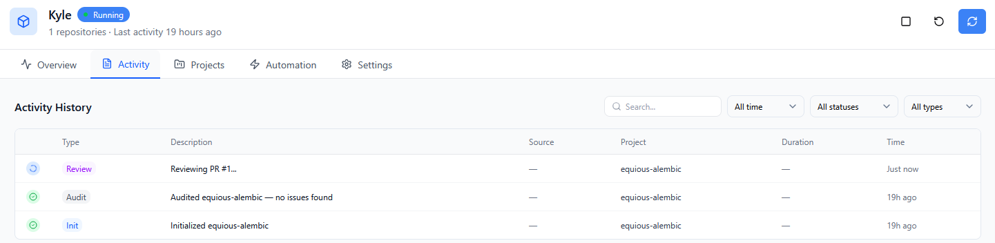Kyle's dashboard with completed audit and active review