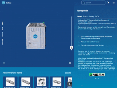 Interactive 3D model of a Steelhead HydrogenCube container with a search bar and detailed product information on a blue interface.