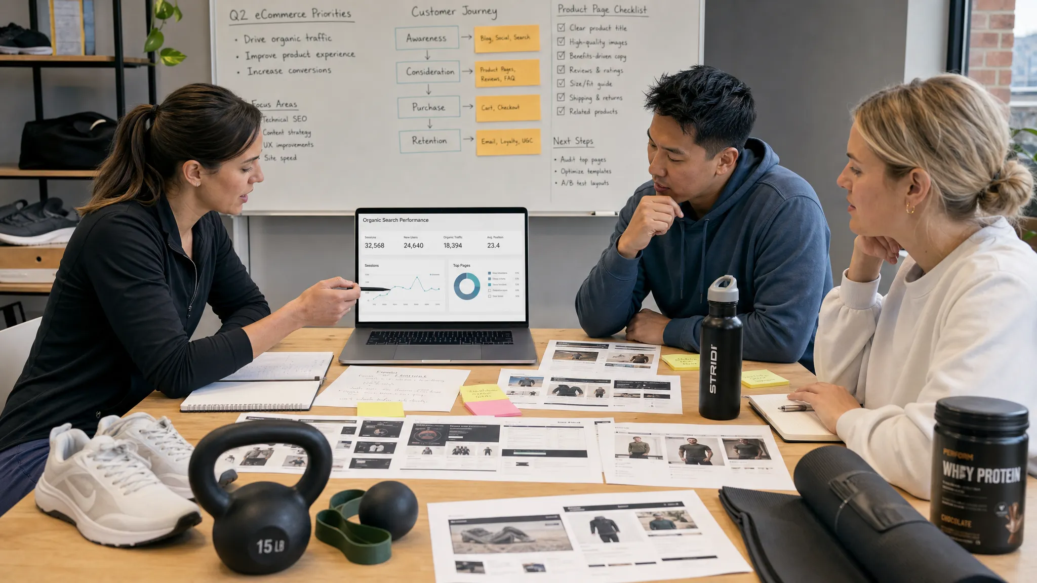 A medium view of an ecommerce team reviewing organic search performance, product page layouts, and customer journey notes on a shared table with sports and wellness products nearby.