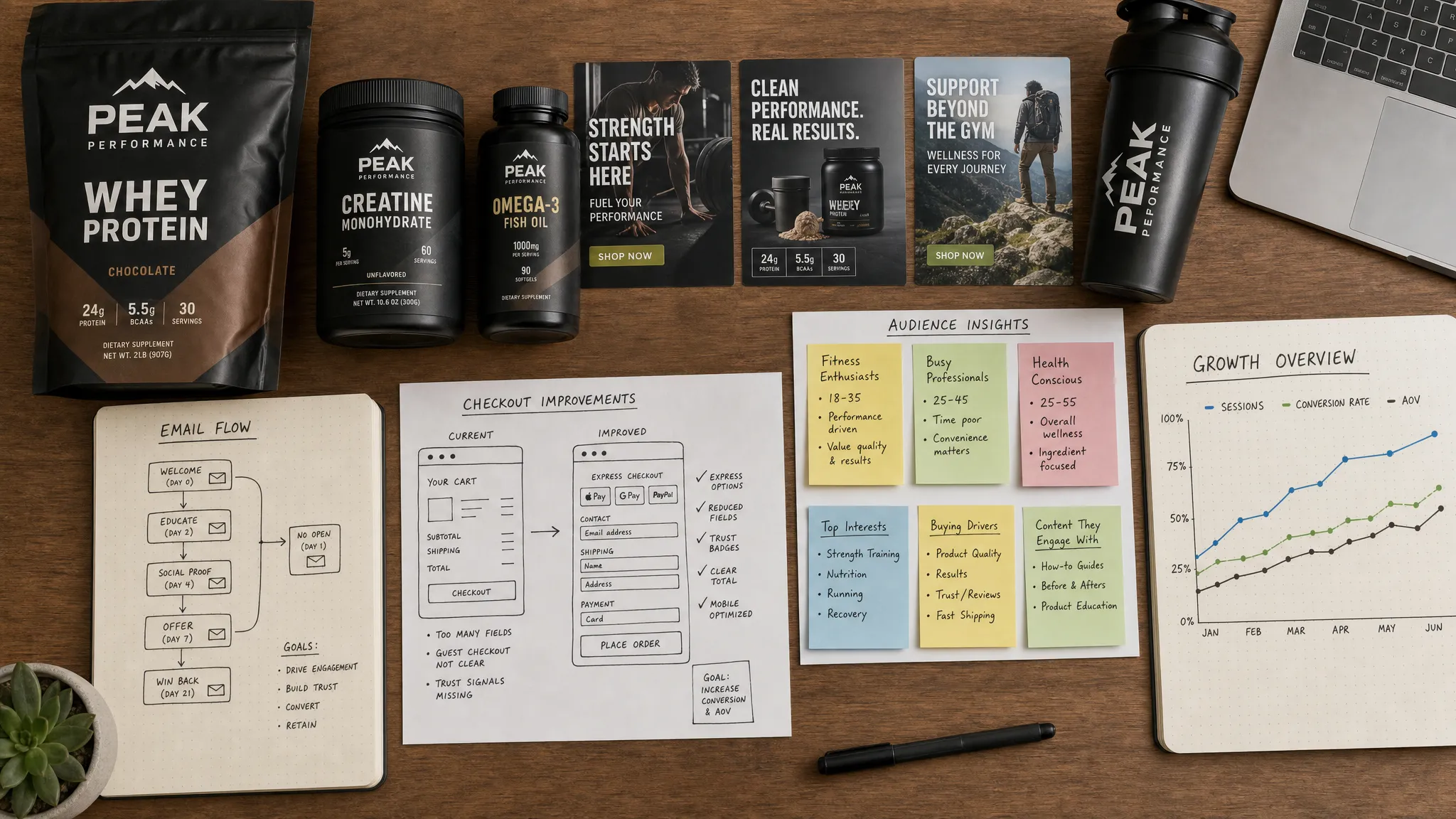 A top-down table scene showing sports and wellness product packaging, ad concept cards, email flow notes, checkout improvement sketches, audience insight sticky notes, and a simple line chart arranged together as one connected growth system.