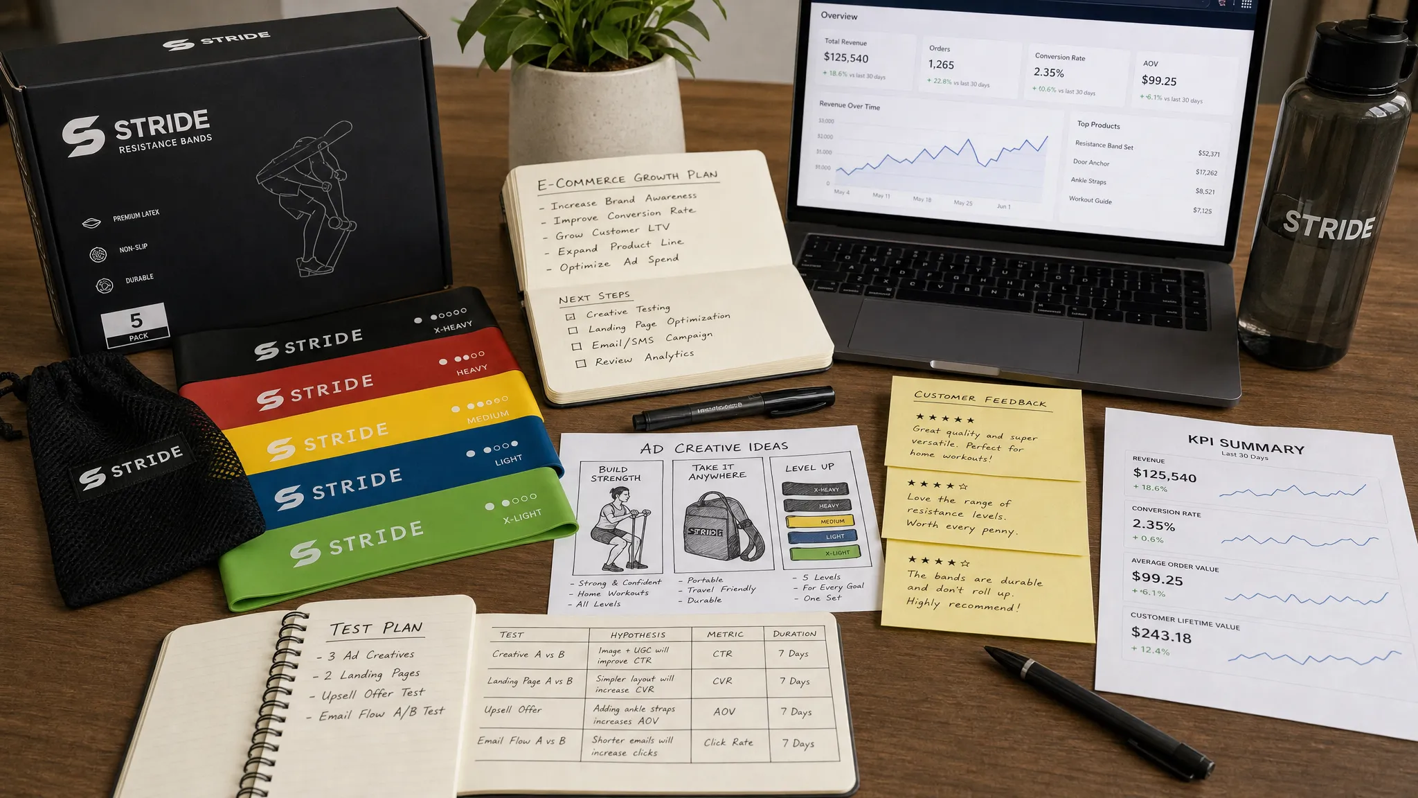A tabletop scene of ecommerce growth planning materials with product packaging, fitness accessories, ad creative sketches, customer review notes, and printed KPI summaries arranged across a desk.