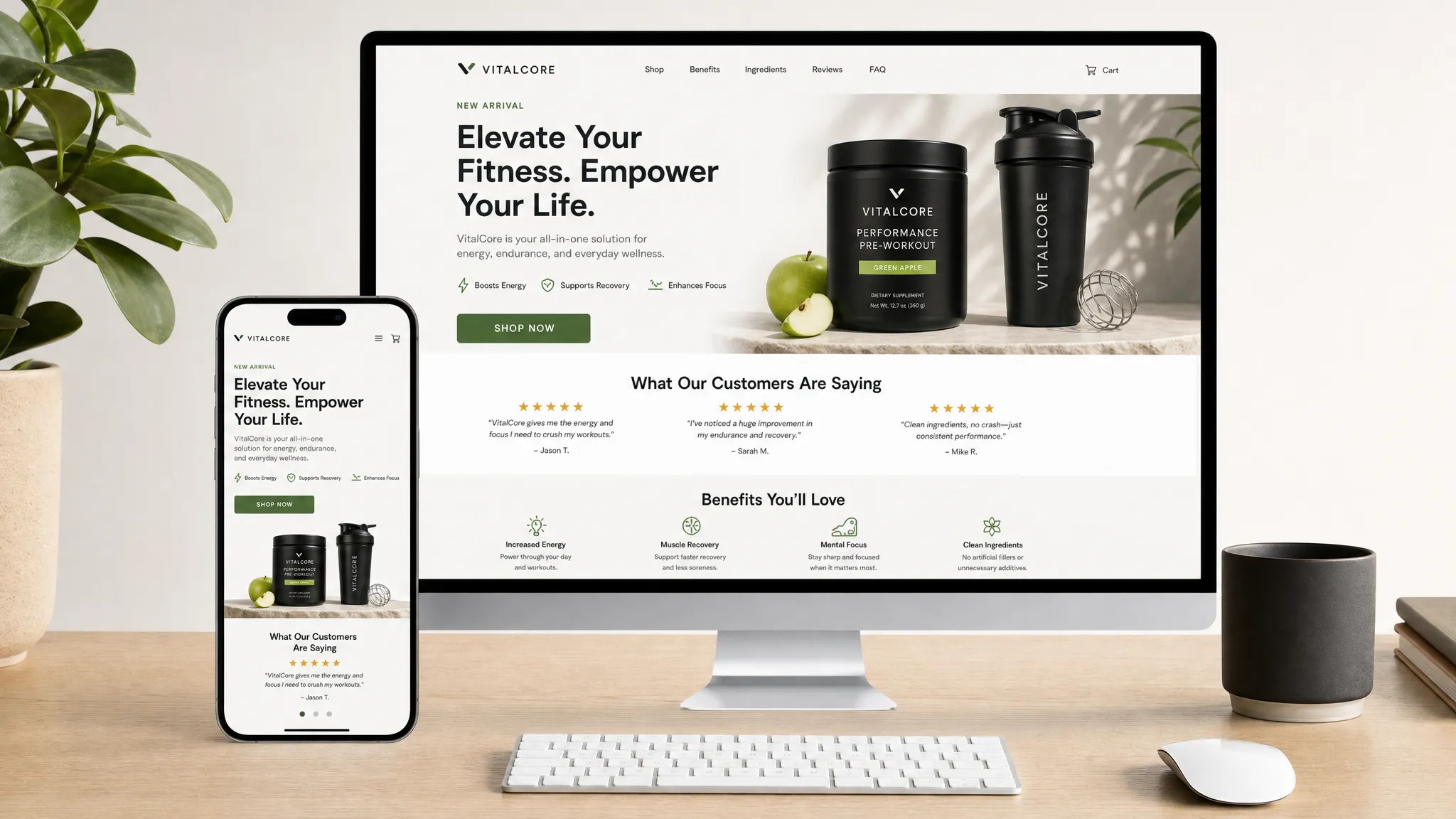A front-facing mobile phone and desktop monitor show an ecommerce landing page for a fitness and wellness product, with a clear hero section, customer reviews, product benefits, and a prominent call-to-action button, set on a clean desk with no content shown behind the screens.