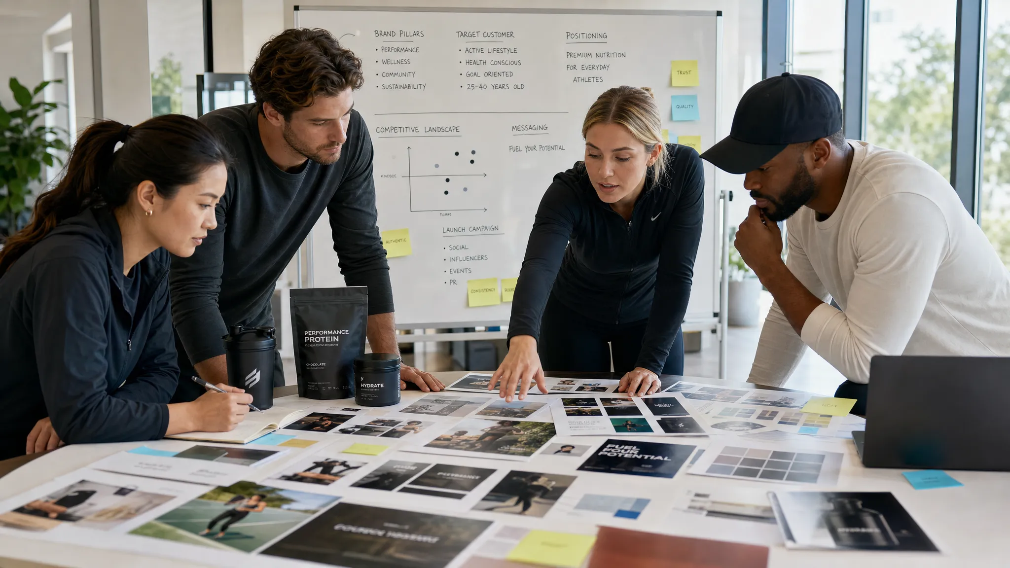A small group of adults reviews product packaging, campaign moodboards, customer research notes, and ecommerce brand visuals on a large table in a bright office while shaping the market position for a sports and wellness brand.