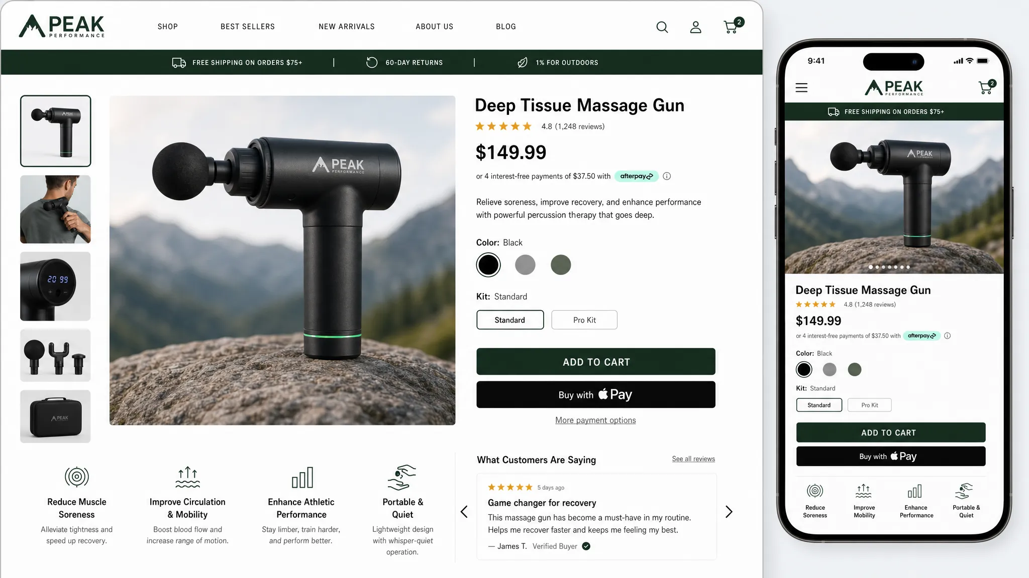 An ecommerce product page concept for a sports and wellness brand, showing product imagery, customer reviews, benefit-focused copy, shipping information, and clear purchase options on a mobile screen and surrounding page layout.