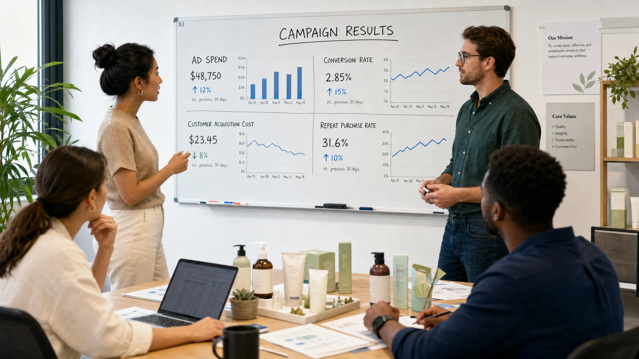 A small group of adults reviewing campaign results around a whiteboard beside product samples, with charts showing ad spend, conversion rate, customer acquisition cost, and repeat purchase rate.