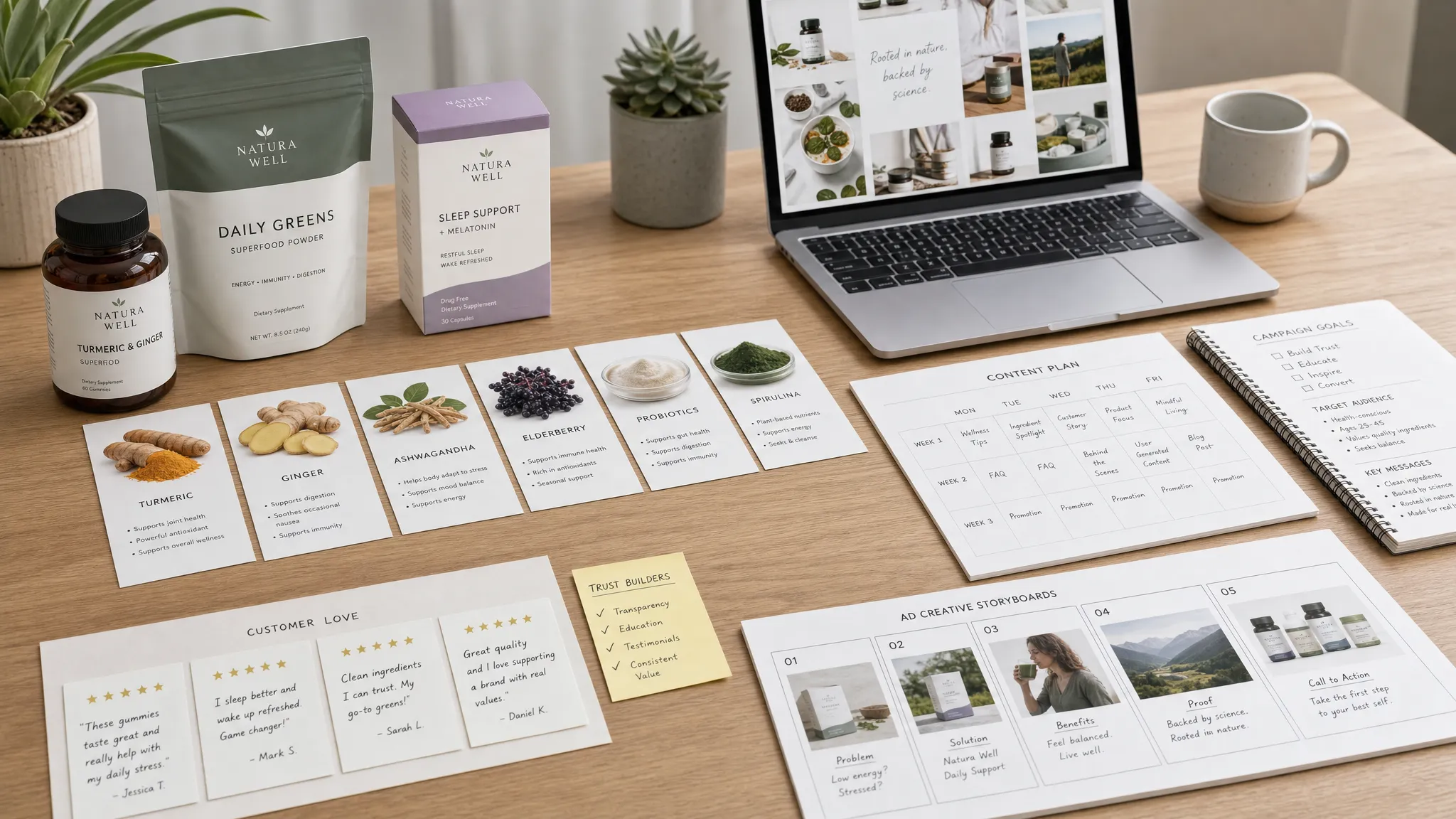 A clean workspace with wellness product packaging, ingredient cards, customer review notes, content planning sheets, and ad creative storyboards arranged across a long table to show the trust-building marketing process.