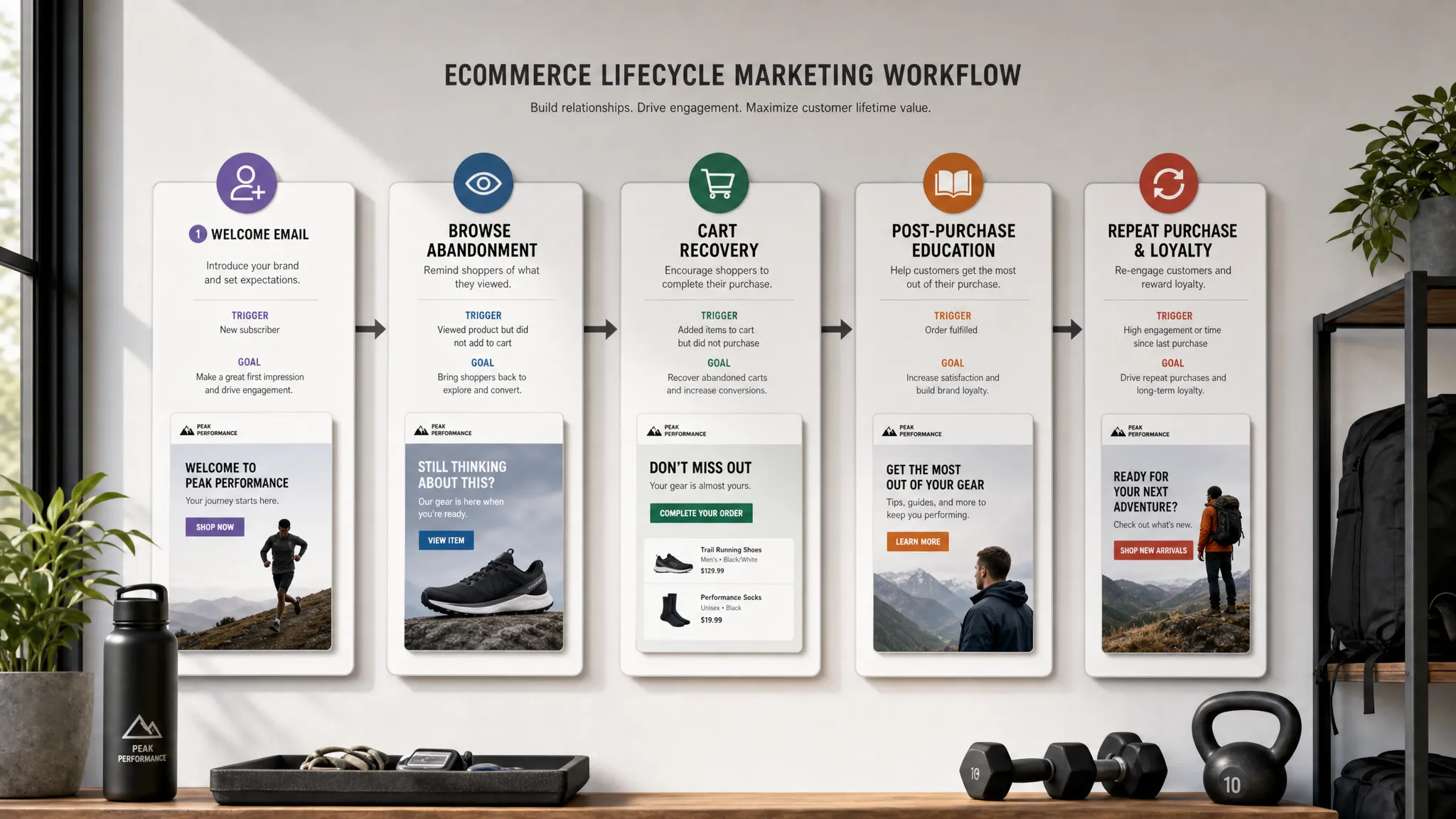 A lifecycle marketing workflow for an ecommerce sports brand, showing welcome email, browse abandonment, cart recovery, post-purchase education, and repeat purchase touchpoints laid out as connected cards on a wall.